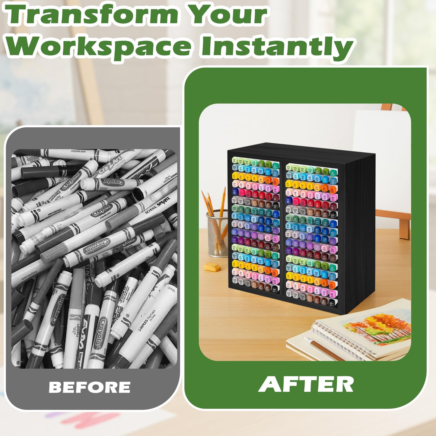 PROLEE Marker Organizer for 224 Markers, Wooden Alcohol Marker Holder with 32 Compartments