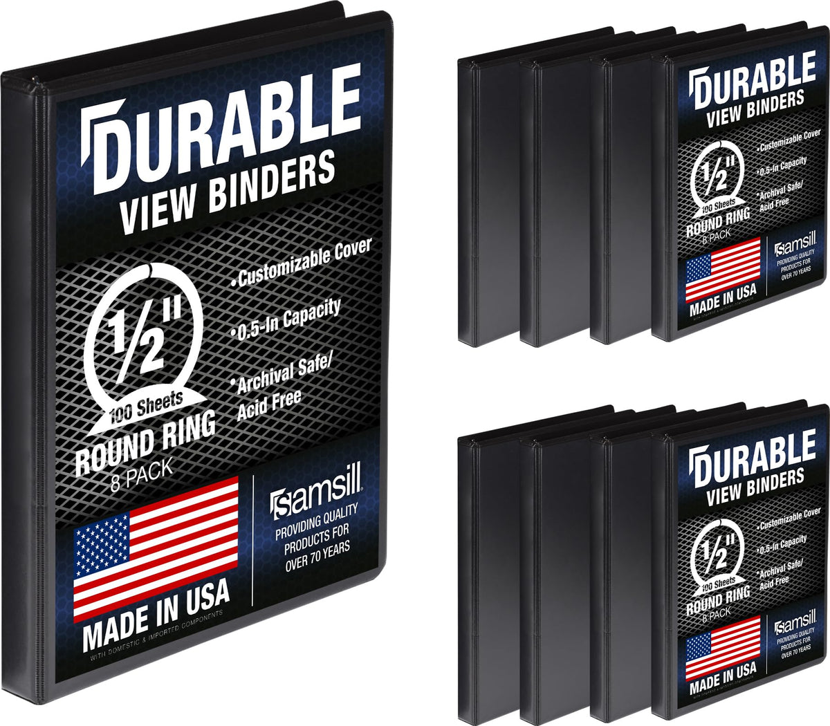 Samsill 8 Pack Durable 0.5 Inch 3 Ring Binders, Round Ring, Clear View Cover for Presentations