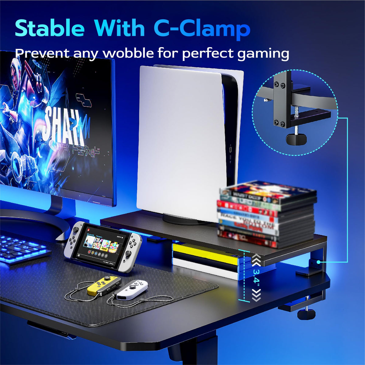 ARES WING Clamp-On 21.7" Desk Extender Shelf, Heavy Duty Desktop Organizer