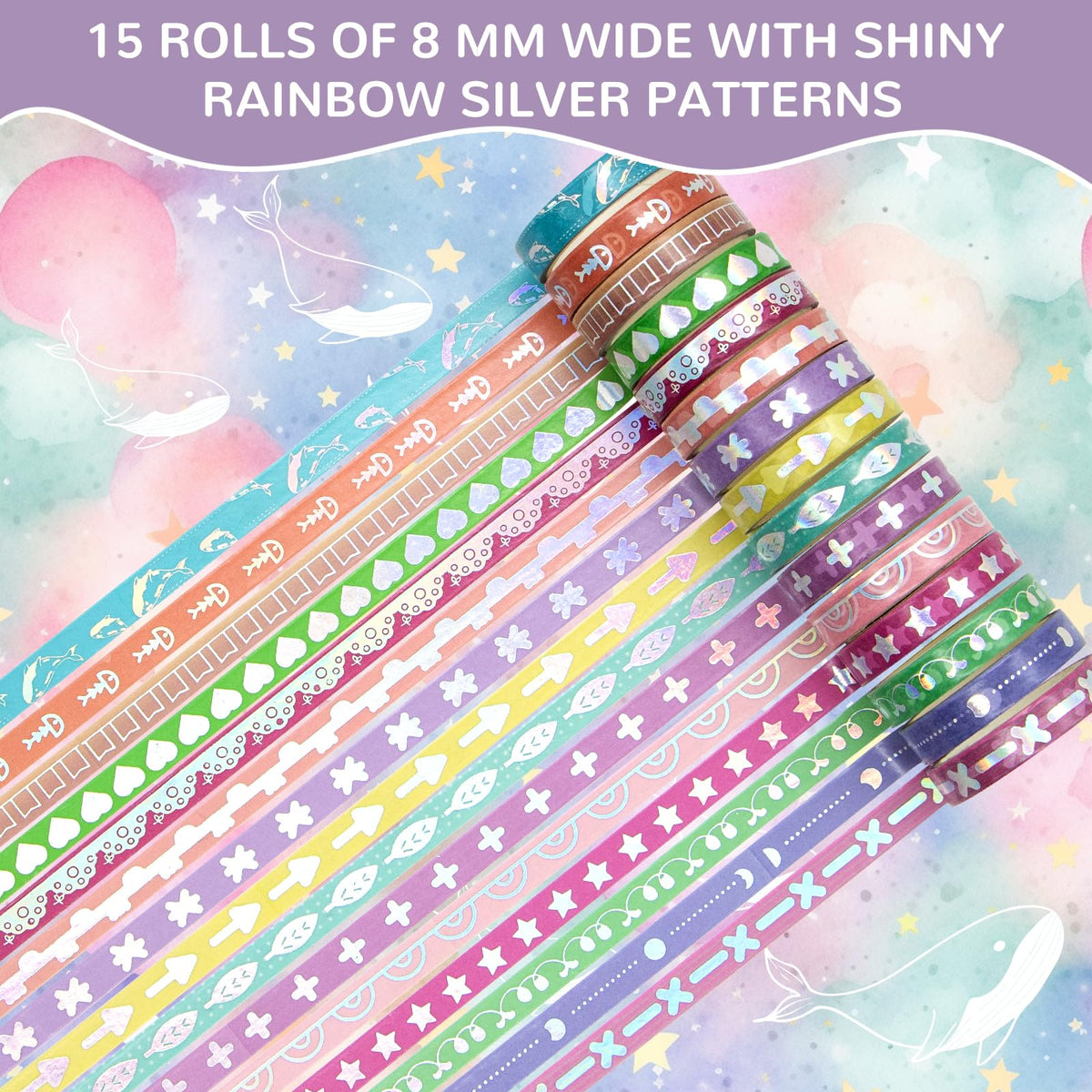 WAPETASHI 50 Rolls Washi Tape Set, Silver Cute Washi Tape for Scrapbooking, Bullet Journal