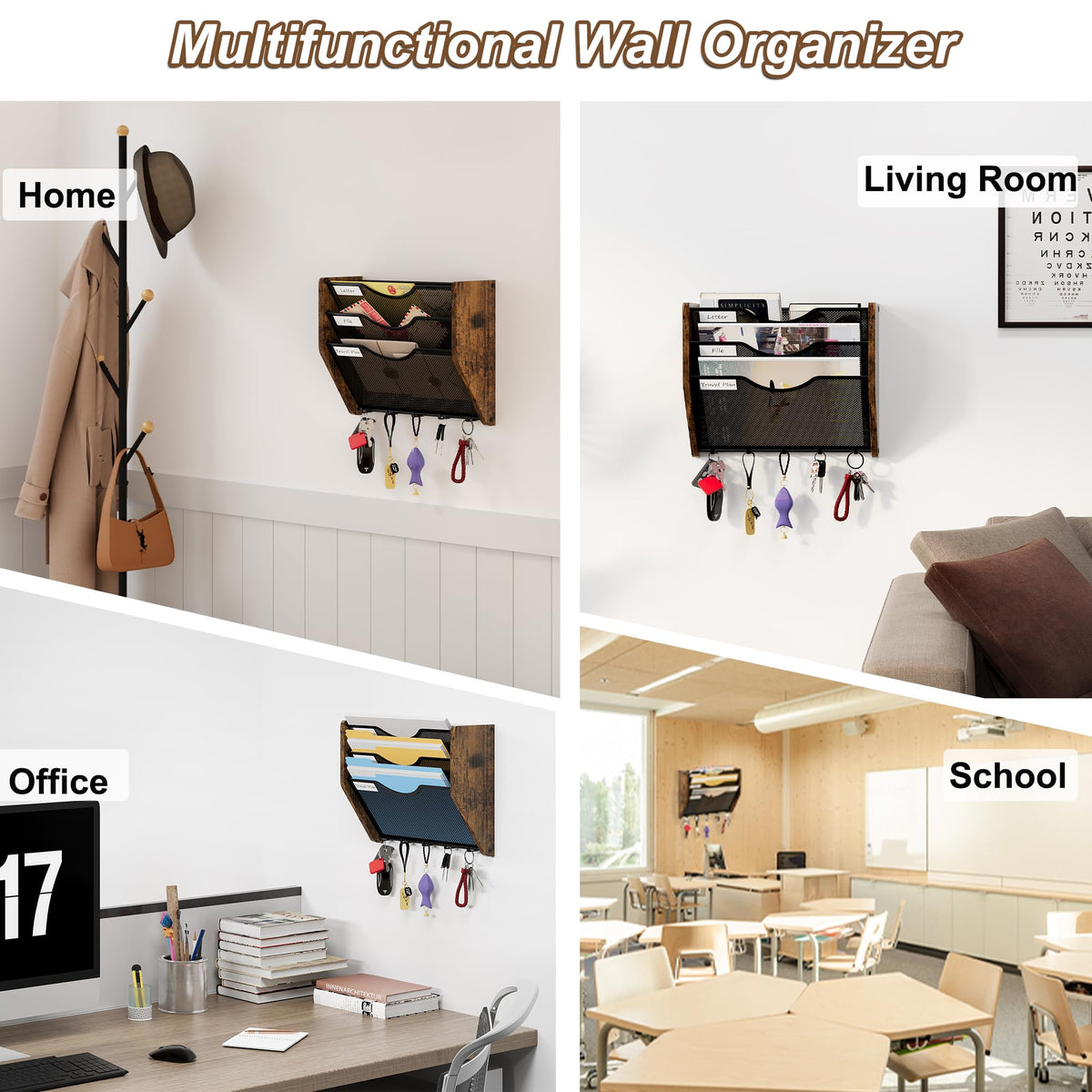 PAG-Mass Wall File Organizer With Hooks,3 Tier Mesh Mail Organizer Wall Mounted,Hanging File