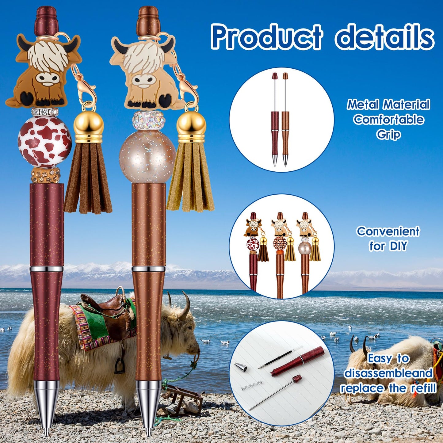 Tinlade 12 Beadable Pens Bulk with 50 Beads Multicolor DIY, Yak Style