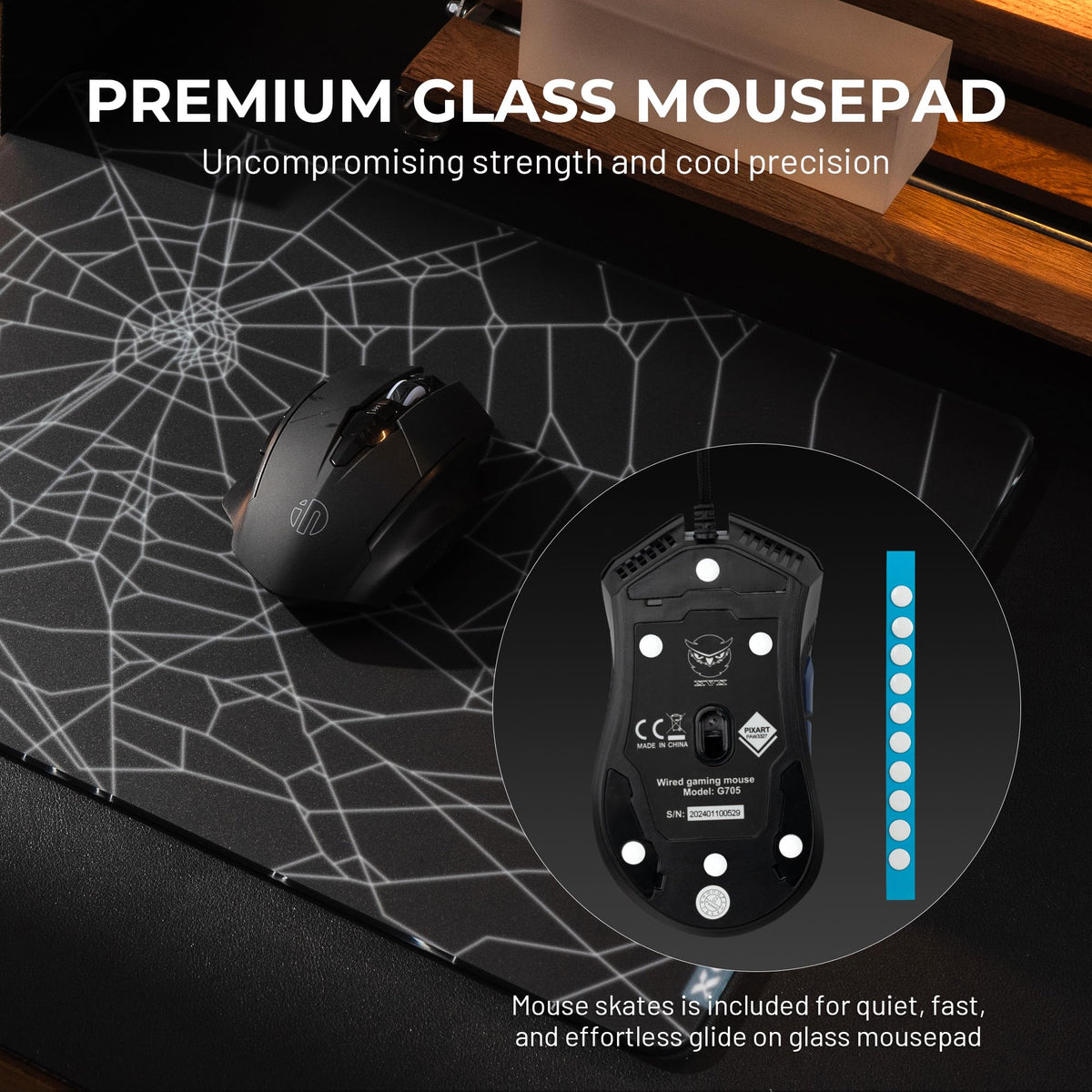 XVX Black Spider Webs Glass Gaming Mousepad 4.0,Hard Mousepad for Gaming,Ultra-Smooth Micro-Etched
