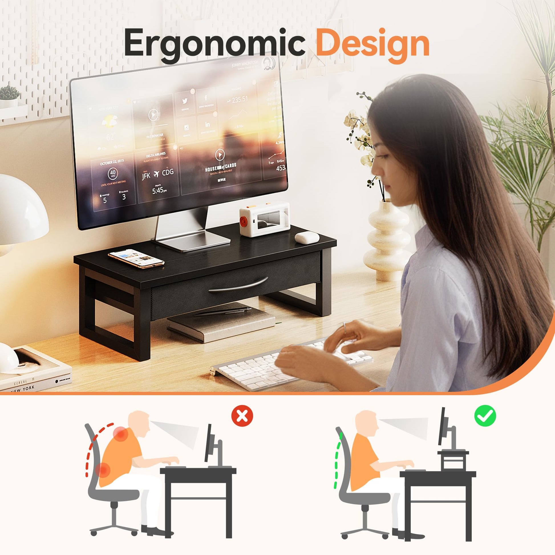 HEWORLIF Computer Monitor Stand Riser, Desk Organizers and Accessories with Drawer, 2-Tier Laptop