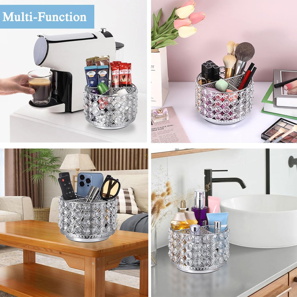 Hipiwe 360° Rotating Crystal Makeup Brush Holder 4 Slots Vanity Organizer