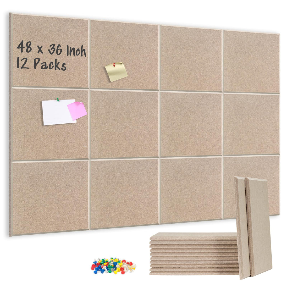 DOLLAR BOSS Felt Cork Board Tiles 48" x 36" Bulletin Board, 12 Pcs Latte