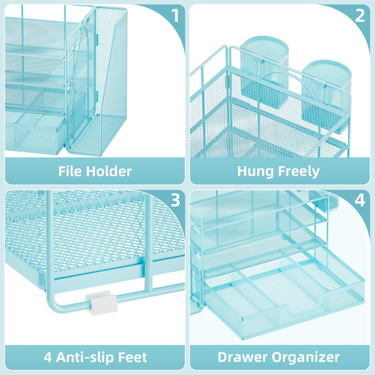 Marbrasse 4-Tier Paper Tray Organizer with Drawer and Pen Holder, Blue