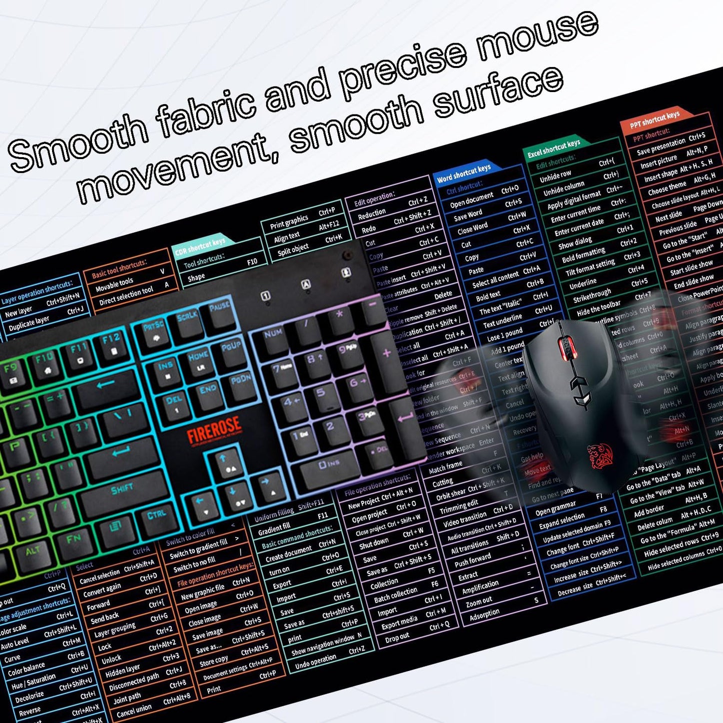 Quick Key XXL Mouse Pad with AI PS Shortcut, Desk Mat with Stitched Edge