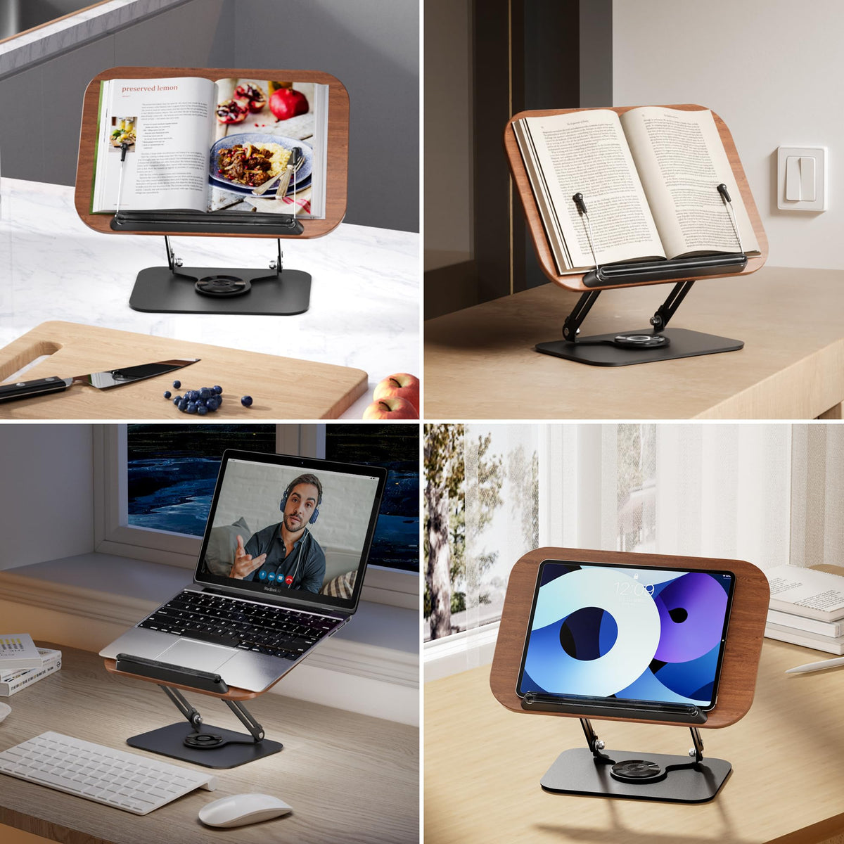 SupeDesk Book Stand for Reading, Adjustable Book Holder with 360° Rotating Bases, Foldable Designs