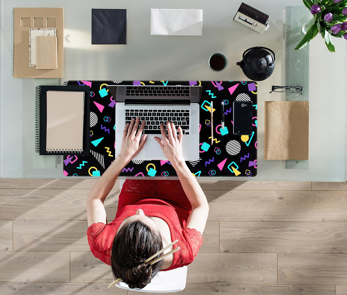 Retro 80s Desk Mat, Cute 90s XXL Large Gaming Mouse Pad, Black Boho Desk Pad with Stitched Edges
