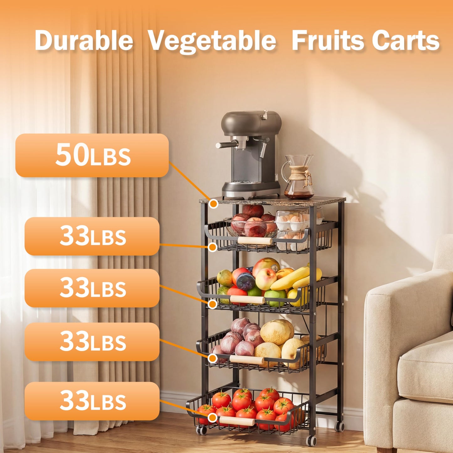 JAQ 5-Tier Fruit Vegetable Storage Cart with Wood Top, Rolling Kitchen Basket Organizer with