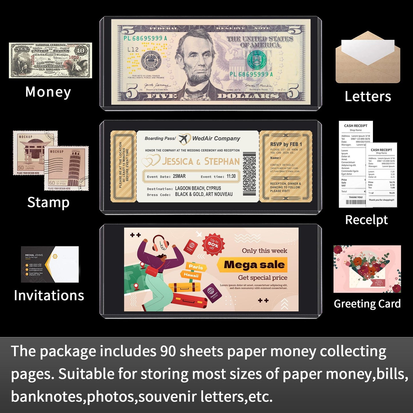 90PCS Clear Banknote Holders - Top-Load Hard
