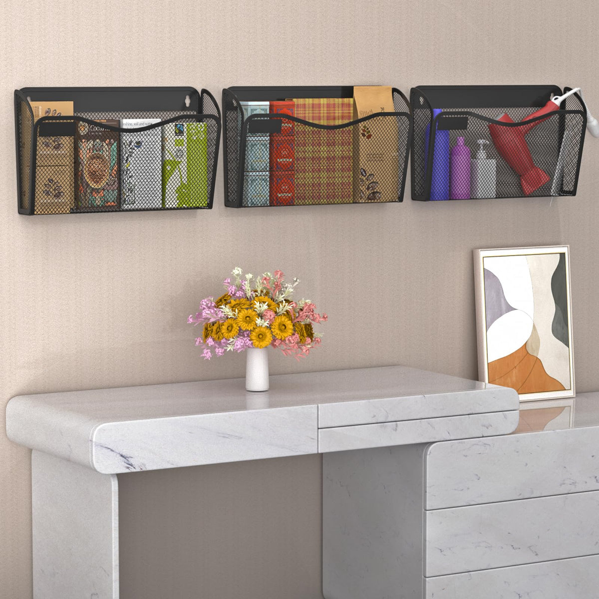 BOHDK Wall File Organizer, 3 Single Pockets Mesh Hanging File Organizer, Mount Document Magazine