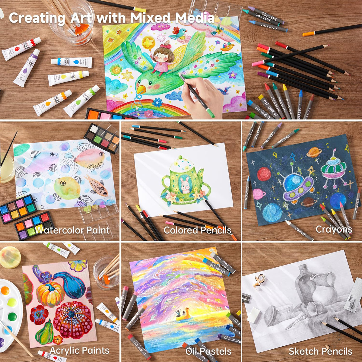 Shuttle Art Deluxe Gift Art Kit, 202-Piece Wooden Art Supplies Set with 4 Drawing Pads, Canvases