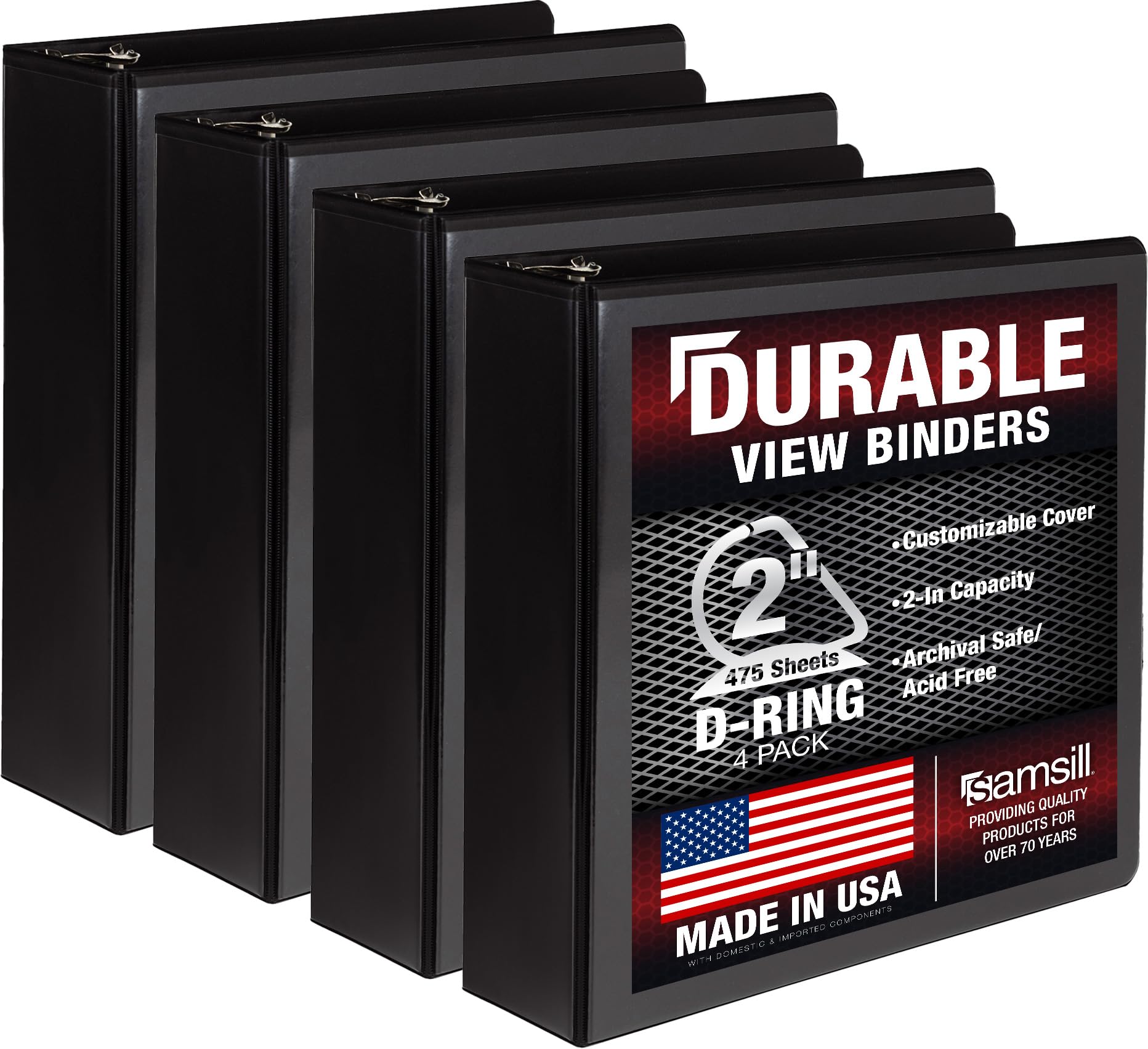 Samsill Durable 2 inch 3 Ring Binder, D Ring Binder, 100% Recycled Chipboard, Black, 4 Pack