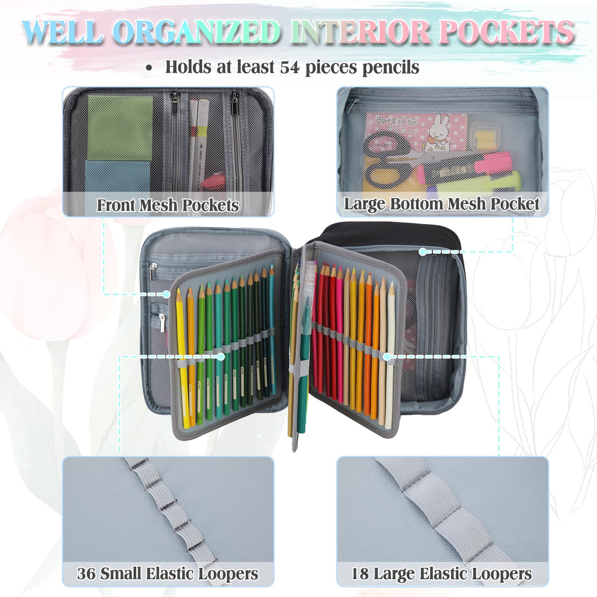 VX VONXURY Large Pencil Case, 54-Slot Colored Pen Pouch 2 Removable Sleeves