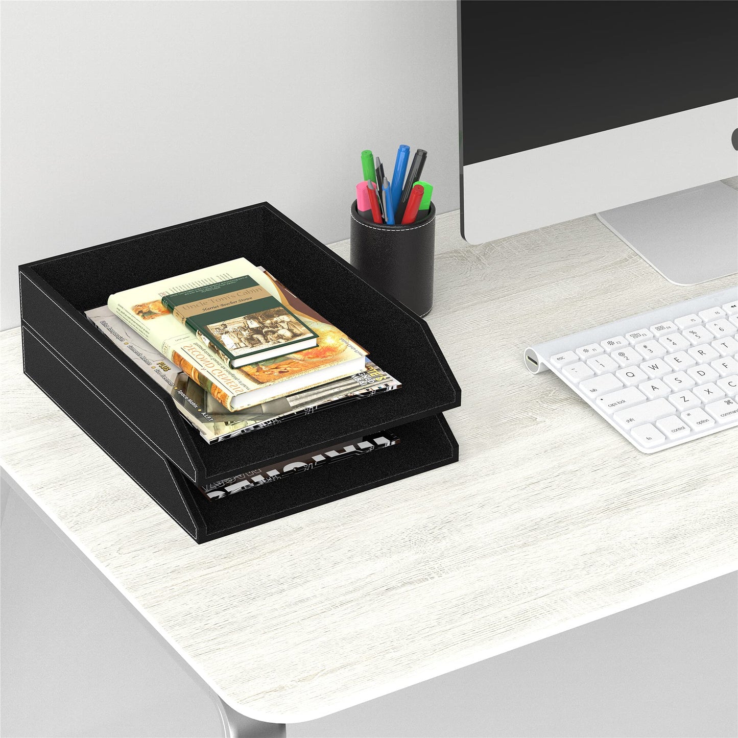 Leather Letter Tray, Thipoten Stackable Desk Organizer Holder for Office Supplies, Paper, File