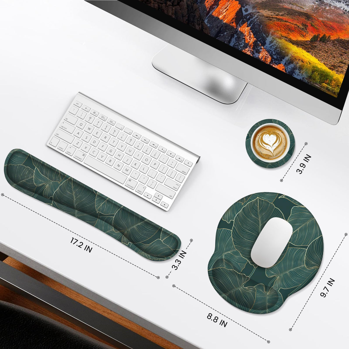 iLeadon Ergonomic Mouse Pad with Wrist Support, Green Leaves Desk Mat Set
