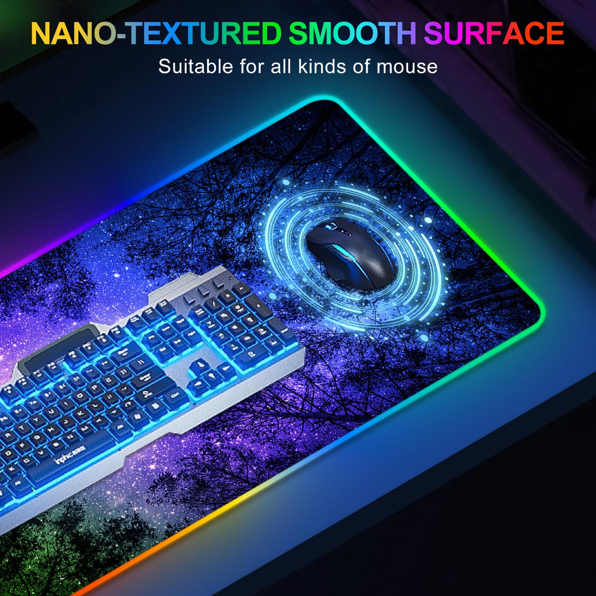 ARTSO Gaming Mouse Pad RGB Starry Sky, Forest Large Mousepad with Non-Slip Rubber Base, Cool XXL