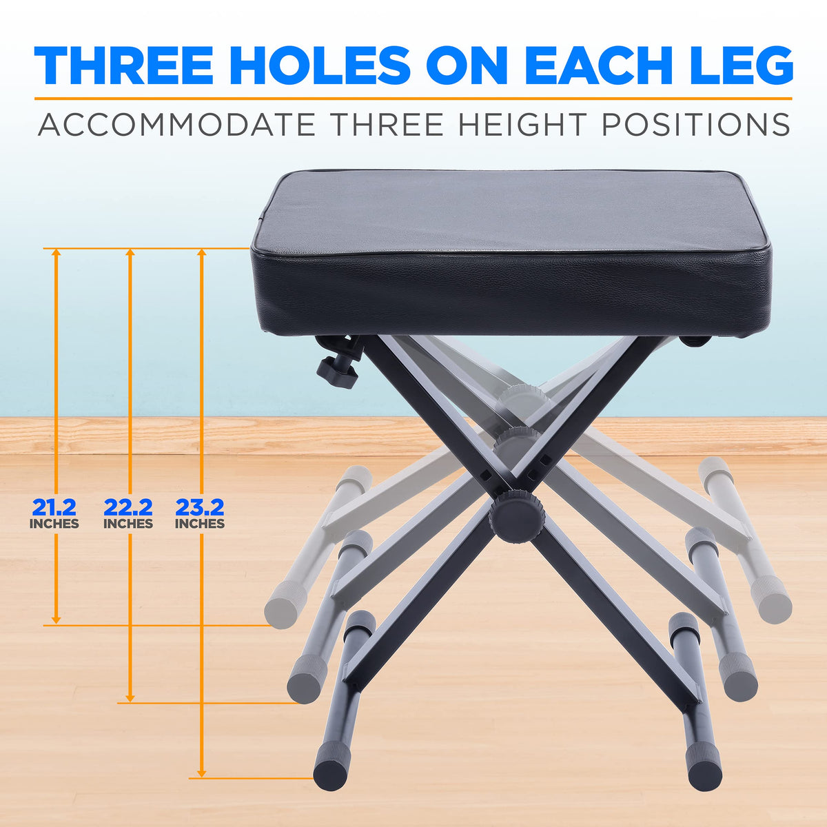 Adjustable Padded Keyboard Bench - X-Style Bench with Three Holes on Each Leg, 4 Non-Slip Rubber