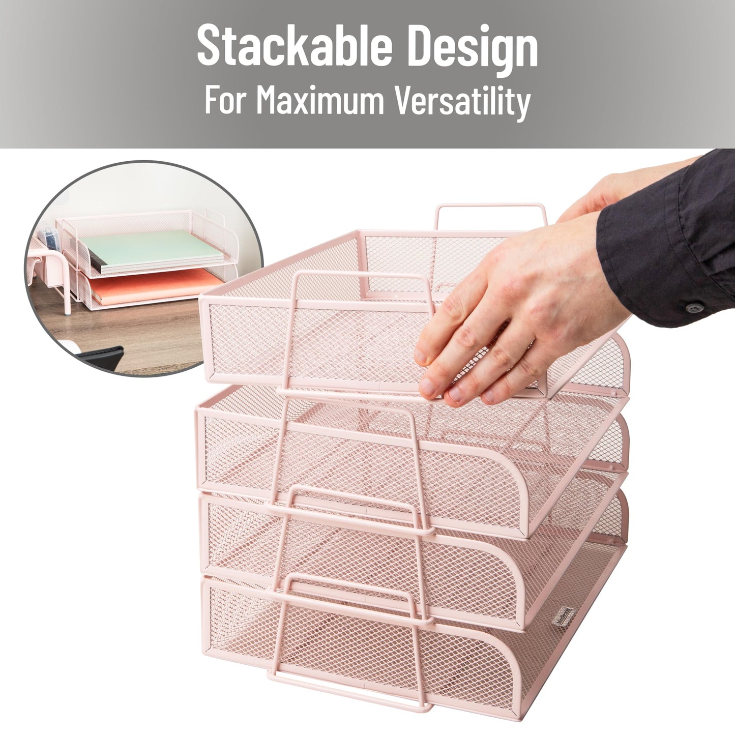 Mind Reader Stackable Paper Tray, Desktop Organizer, File Storage, Office, Metal Mesh, 4 Pcs., Pink