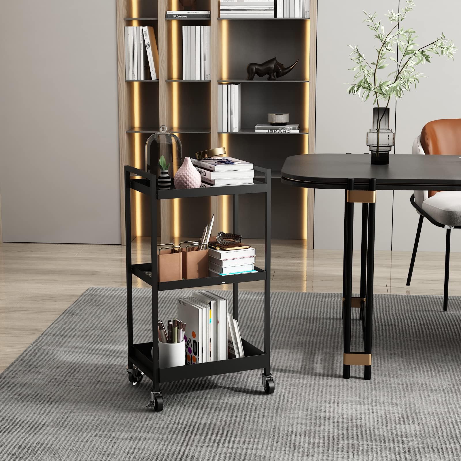 3-Tier Metal Utility Rolling Cart, Heavy Duty Multifunction Rectangular Cart with Lockable Casters
