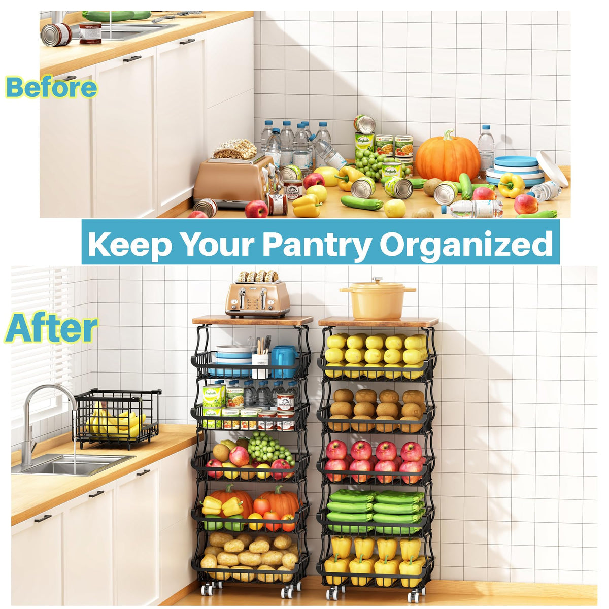 6 Tier Pantry Organizers and Storage Vegetable Fruit Basket for Kitchen, Stackable Flexible Design