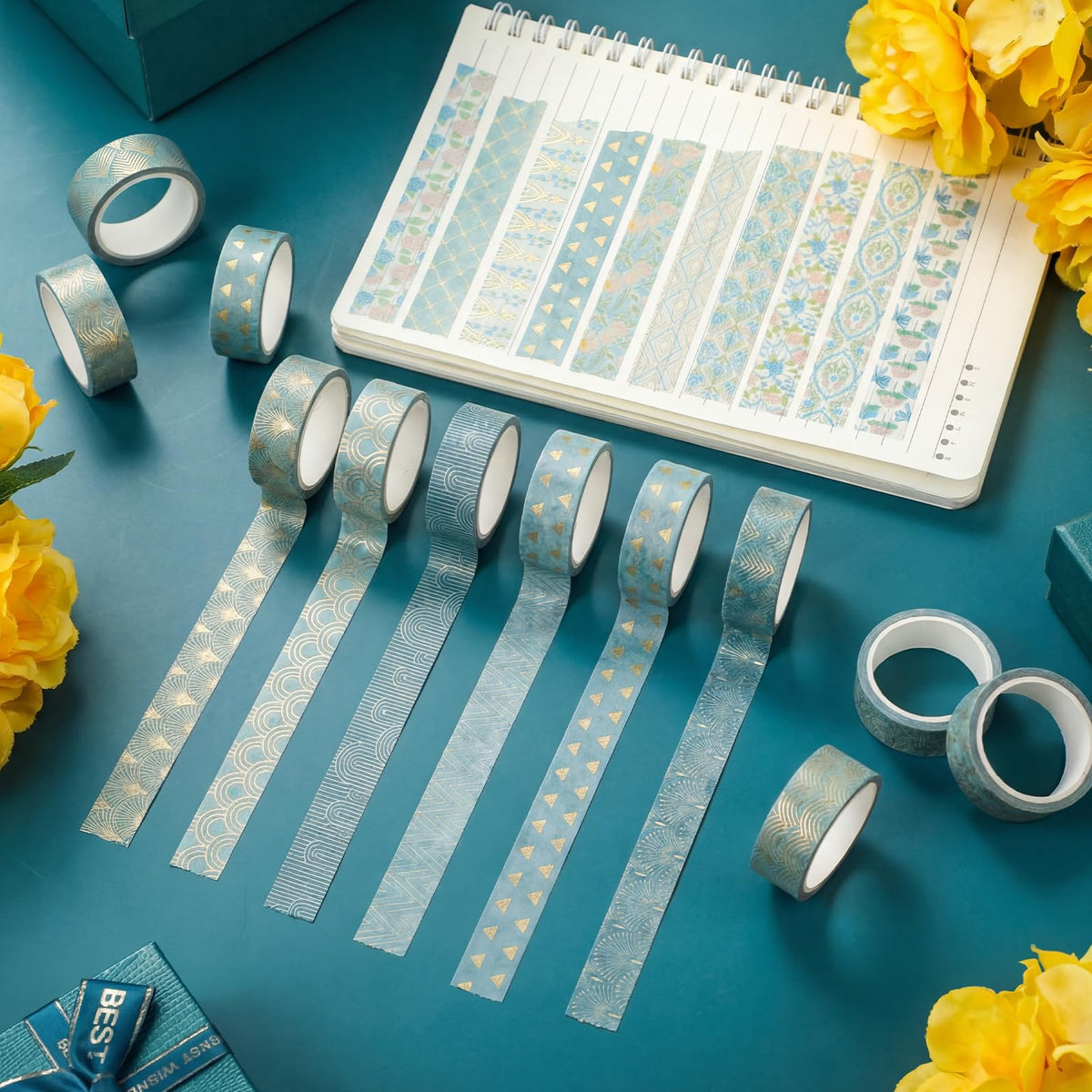 YooNotee 12 Rolls Floral Washi Tape Set,Teal Color,Art Deco