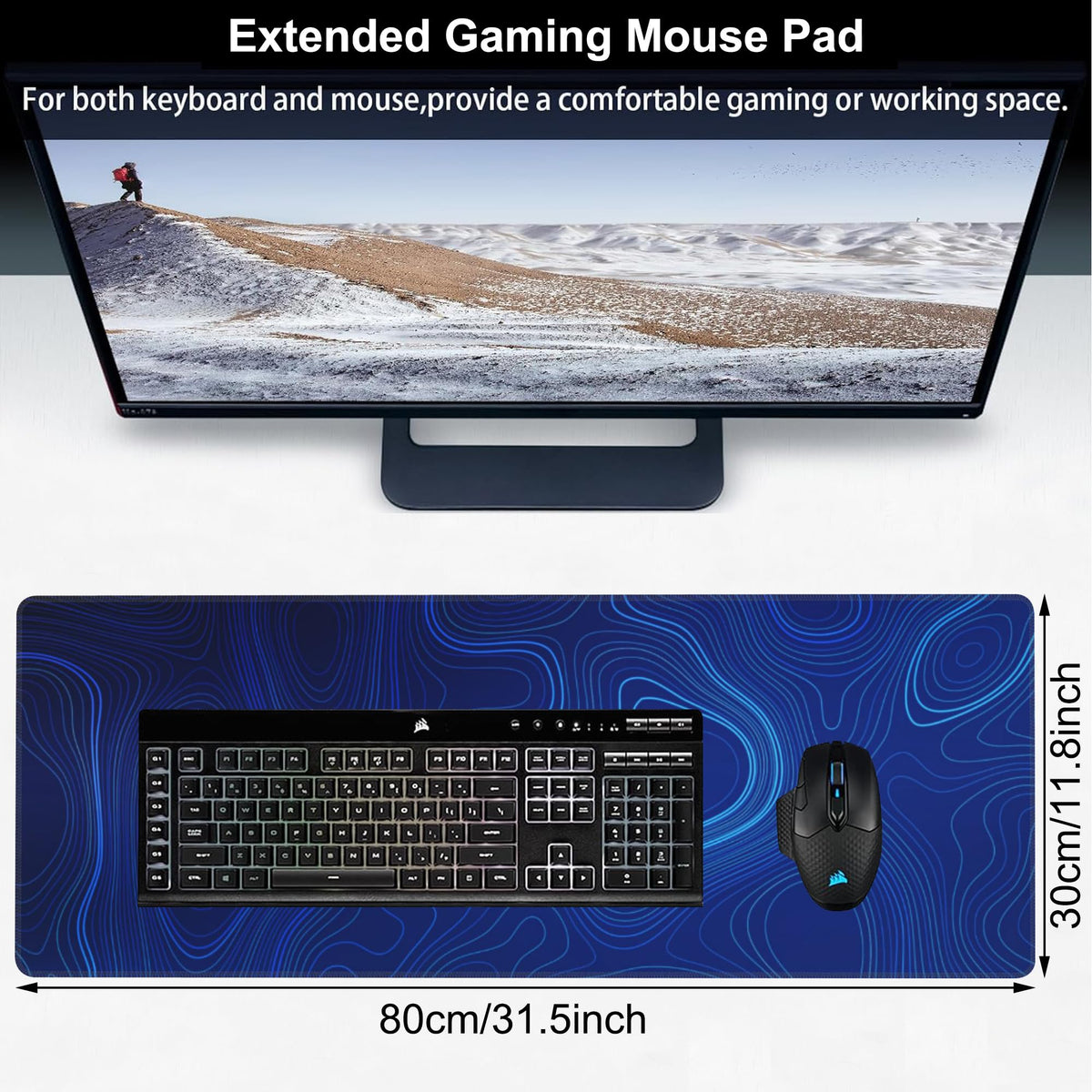 Abstract Topography Design Desk Mat,Large Dark Blue Topographic Line Art Gaming Keyboard Mouse