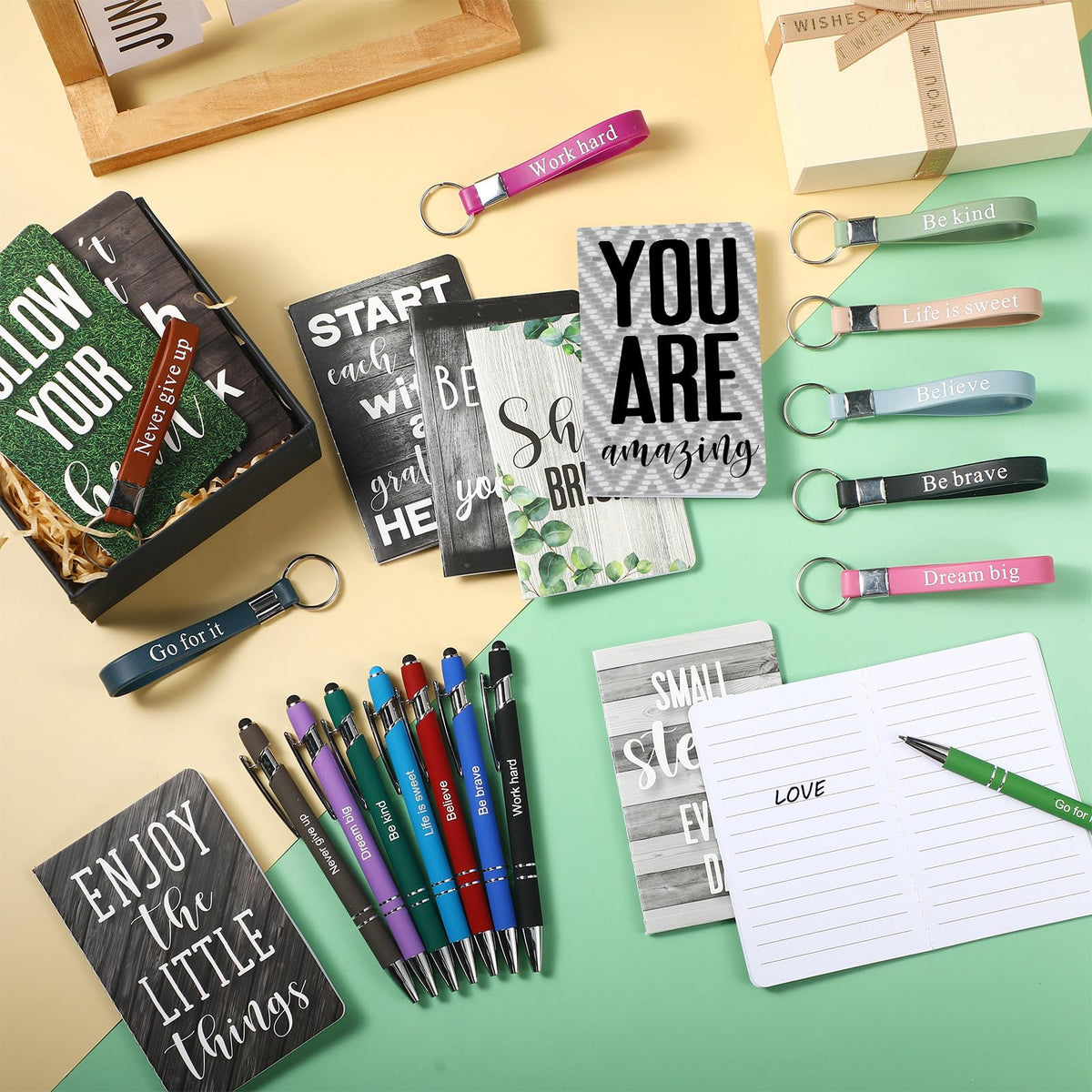 PerKoop 48 Pcs Inspirational Gifts Bulk Motivational Notepads Ballpoint Pens Keychains Set Modern