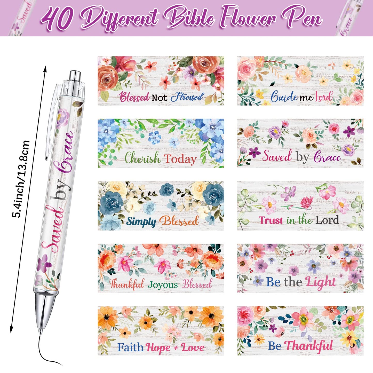 Sabary 40 Pcs Bible Verse Ballpoint Pens Christian Flower Inspirational