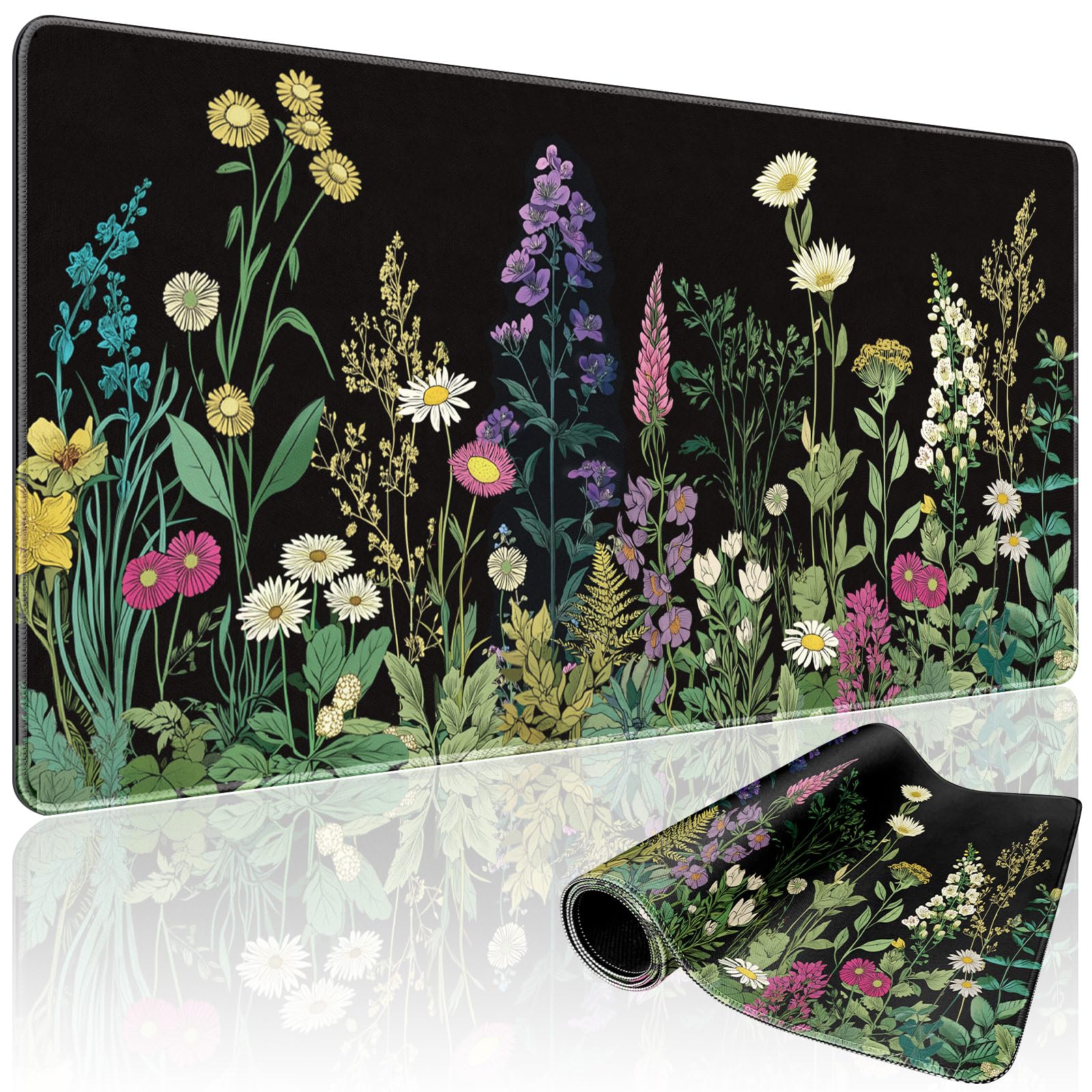 Mcapirivo Wildflower Black Large Gaming Mouse Pad Desk Mat 31.5"x15.7"