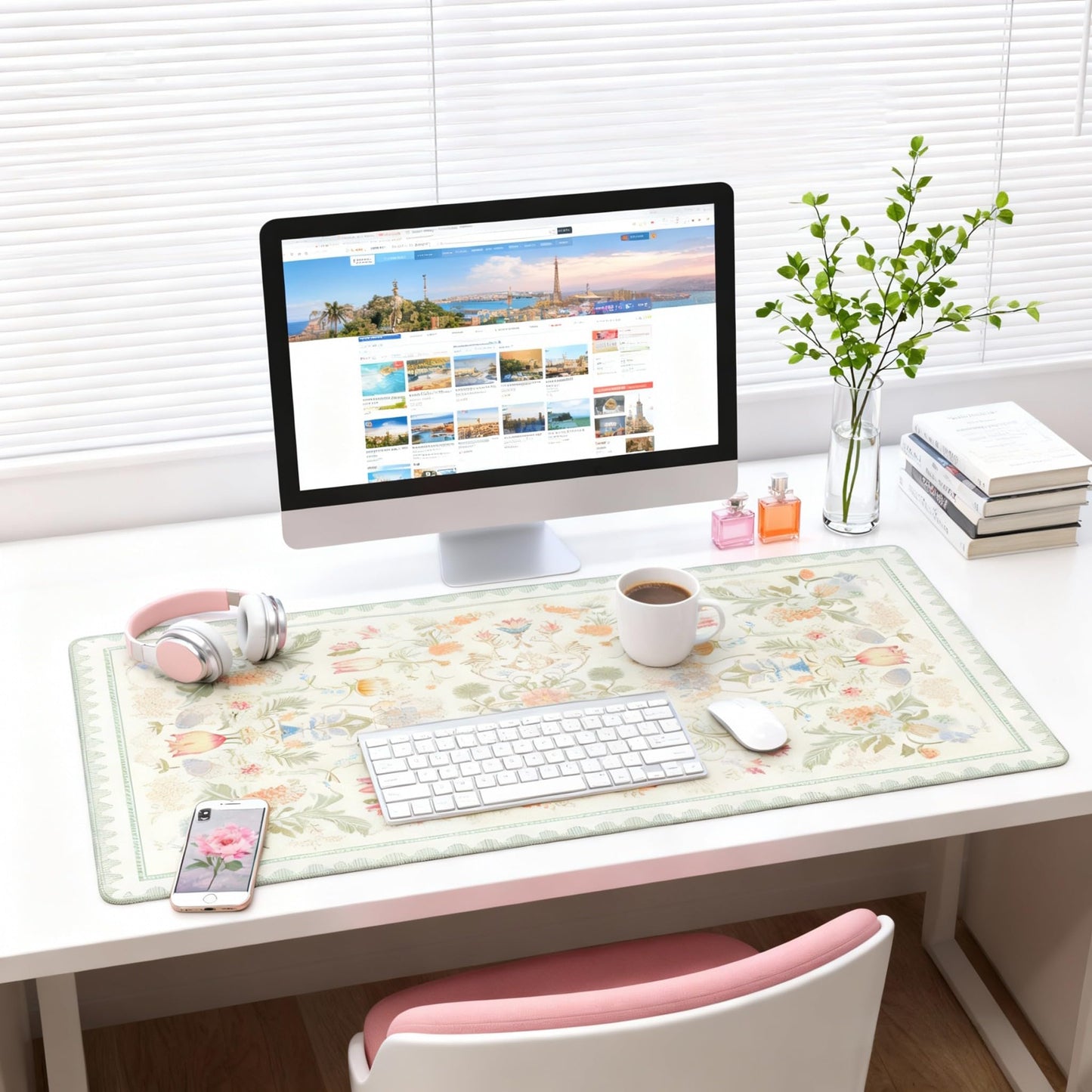 Sage Green Floral XXL Desk Mat - Cute Large Mouse Pad with Stitched Edges & Anti-Slip Base for
