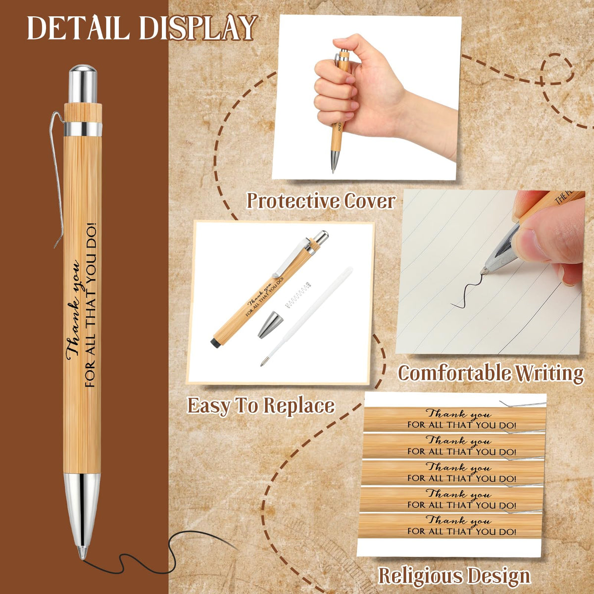 Fuutreo 50 Pcs Employee Appreciation Gift Bulk Inspirational Bamboo Pens Thanks Wood Ballpoint Pen