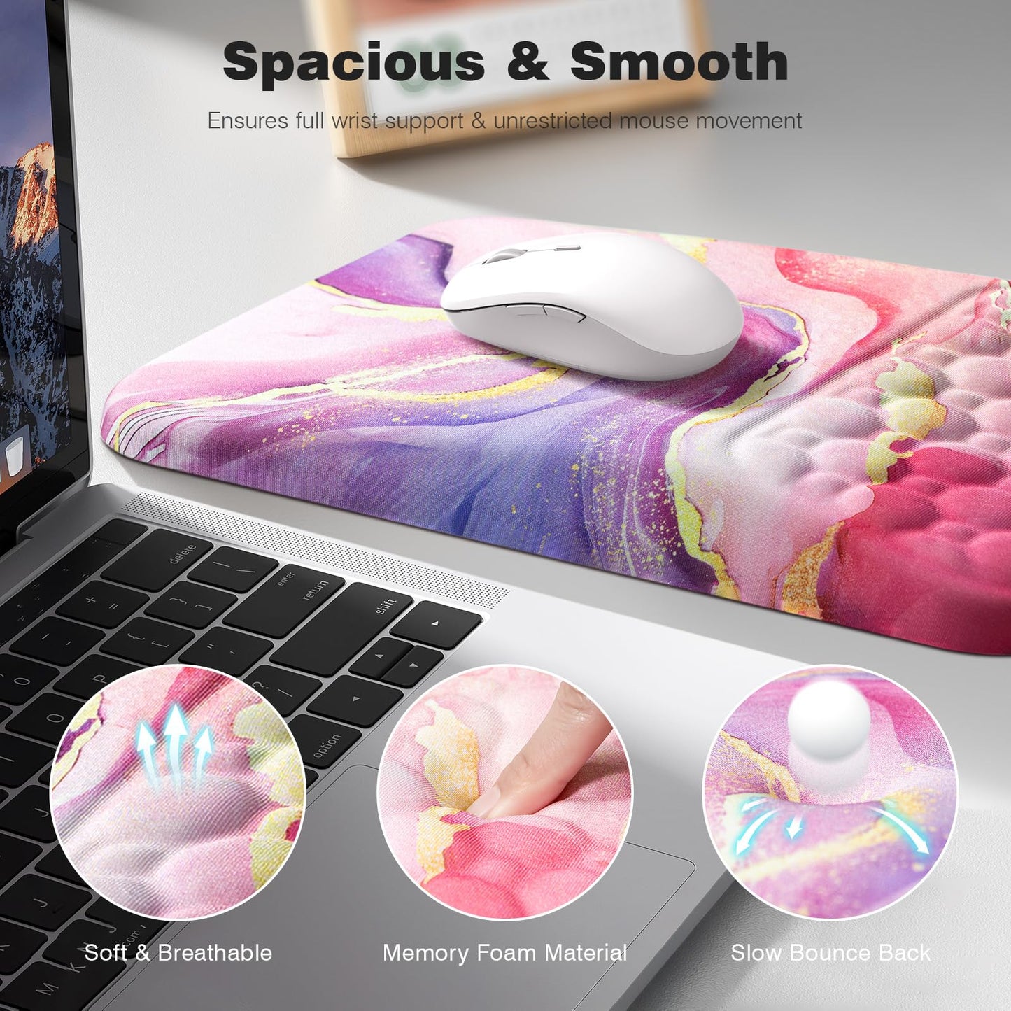 Ospelelf Pink Mouse Pad with Wrist Support Large Ergonomic Office Comfy Pain Relief Mousepad Wrist