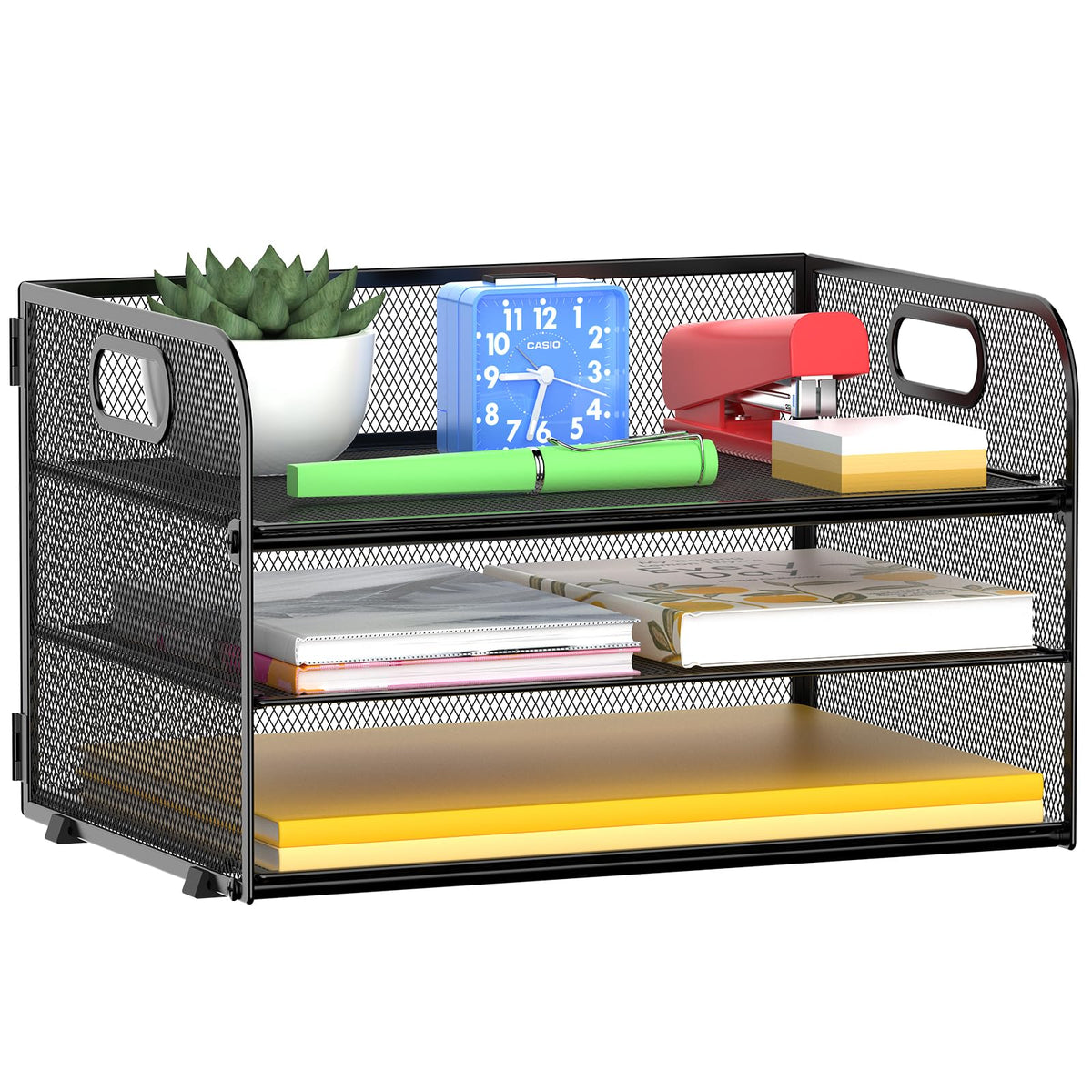 MINDEPOT 3 Tier Paper Organizer Tray with Handle, Mesh Letter Tray