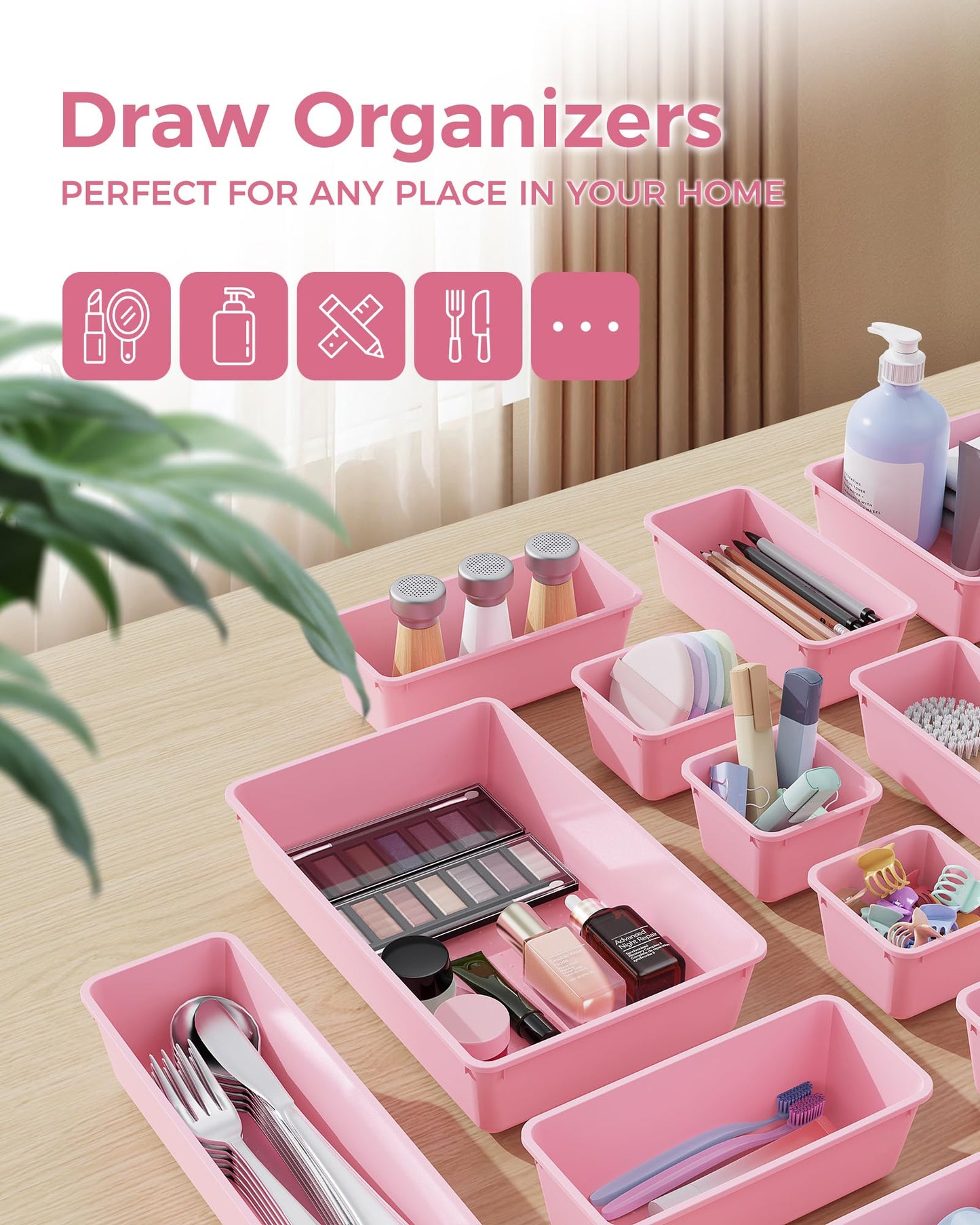 BiuLeon 25 PCS Plastic Drawer Organizers Set, 4-Sizes Vanity and Makeup Organizer, Desk and