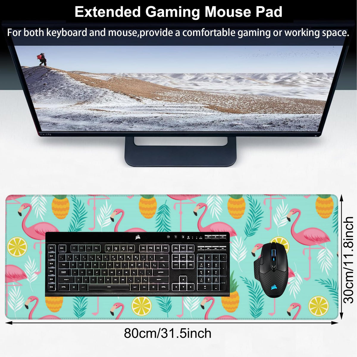 Pink Flamingo Desk Mat,Large Summer Flamingos Pineapples Tropical Leaves Gaming Keyboard Mouse
