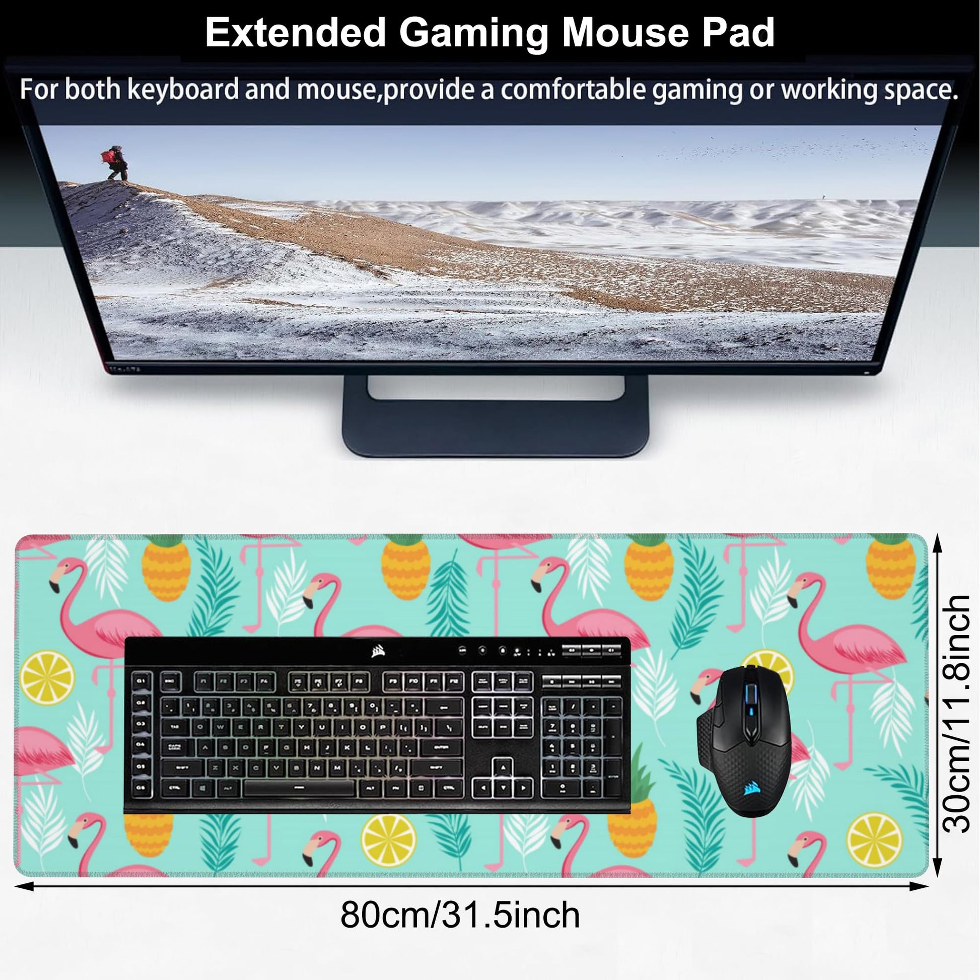 Pink Flamingo Desk Mat,Large Summer Flamingos Pineapples Tropical Leaves Gaming Keyboard Mouse