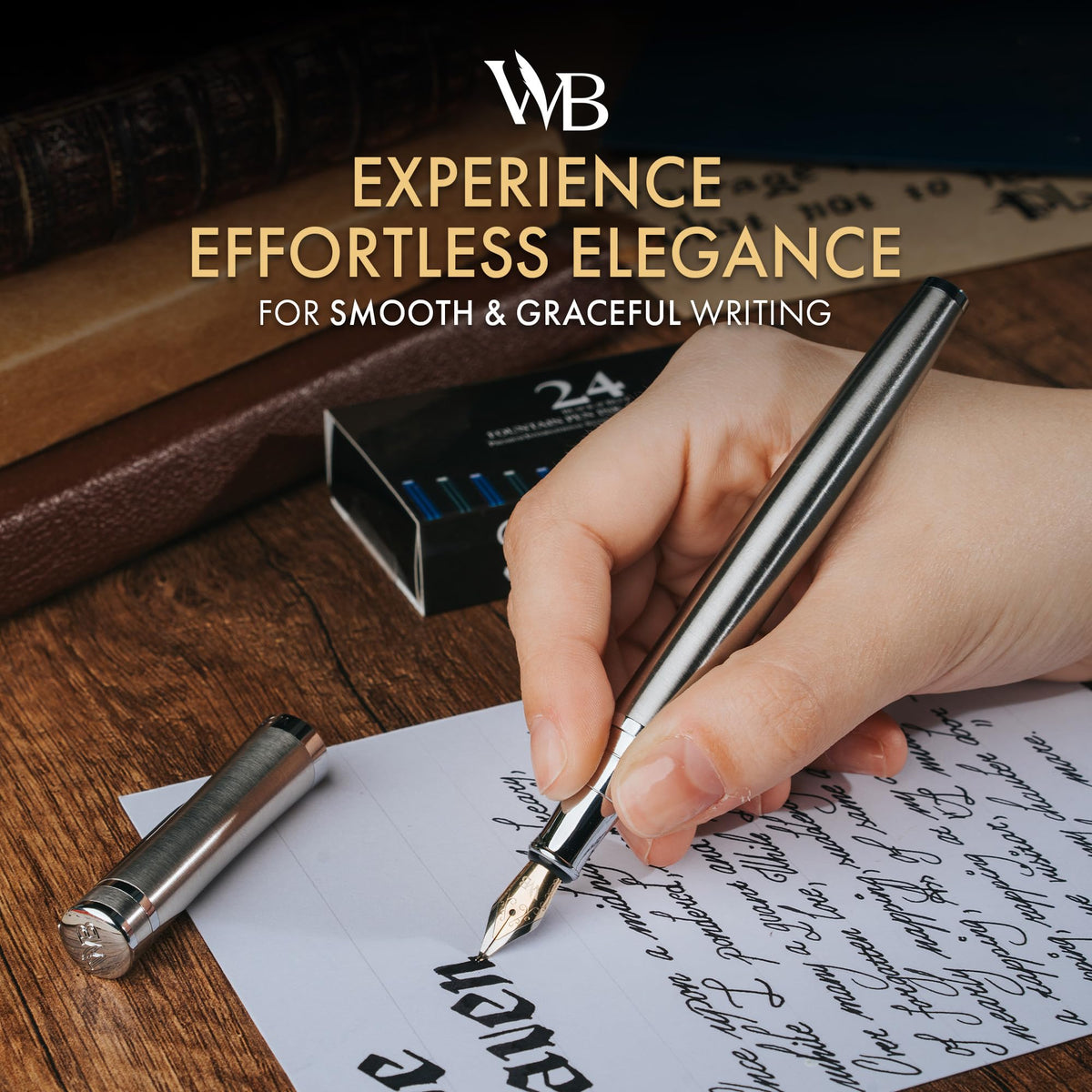 Wordsworth & Black Luxury Fountain Pen Set for Writing, Bent Nib, Silver