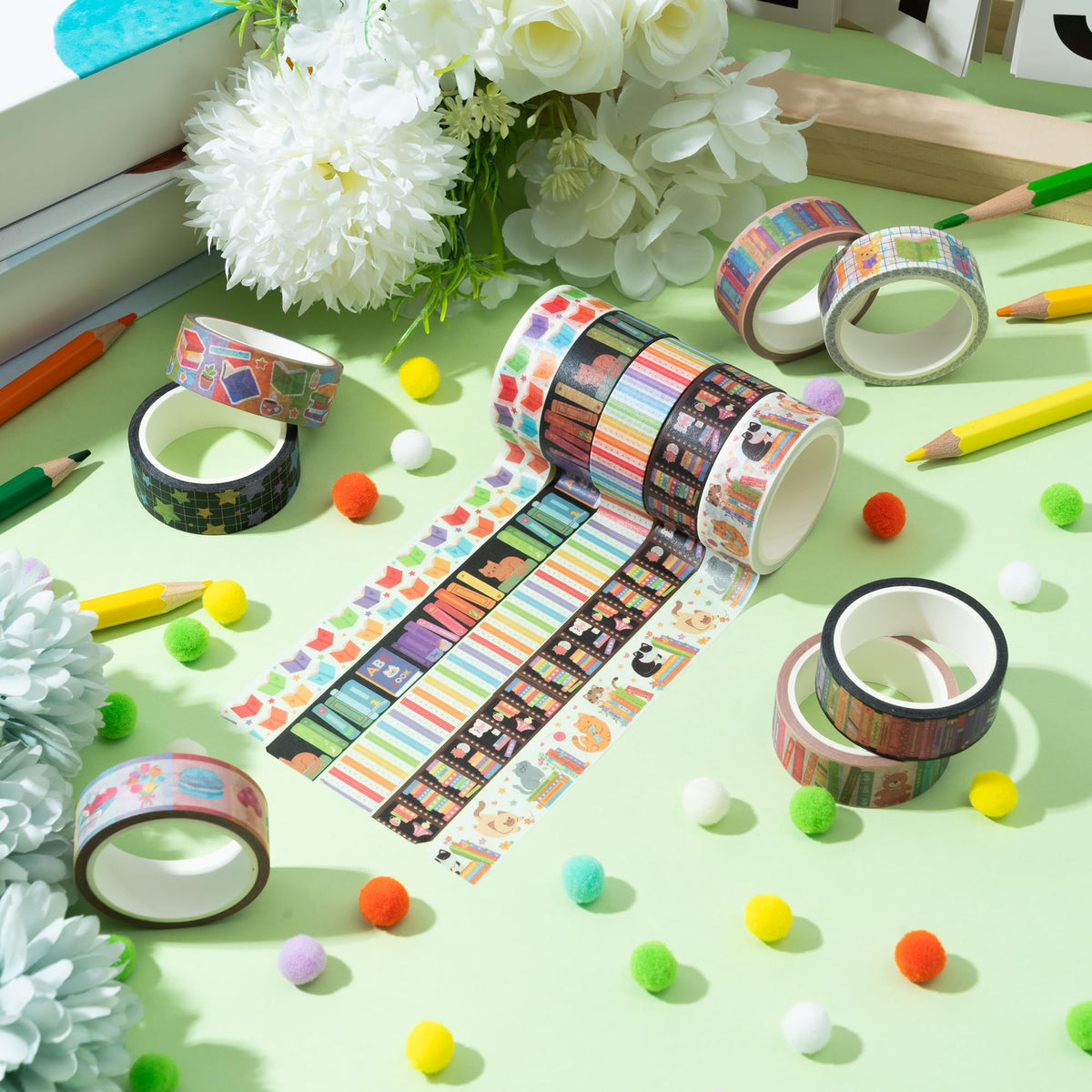 BkeeCten 12 Rolls Colorful Books Tearable Adhesive Clear Pattern Washi Tape