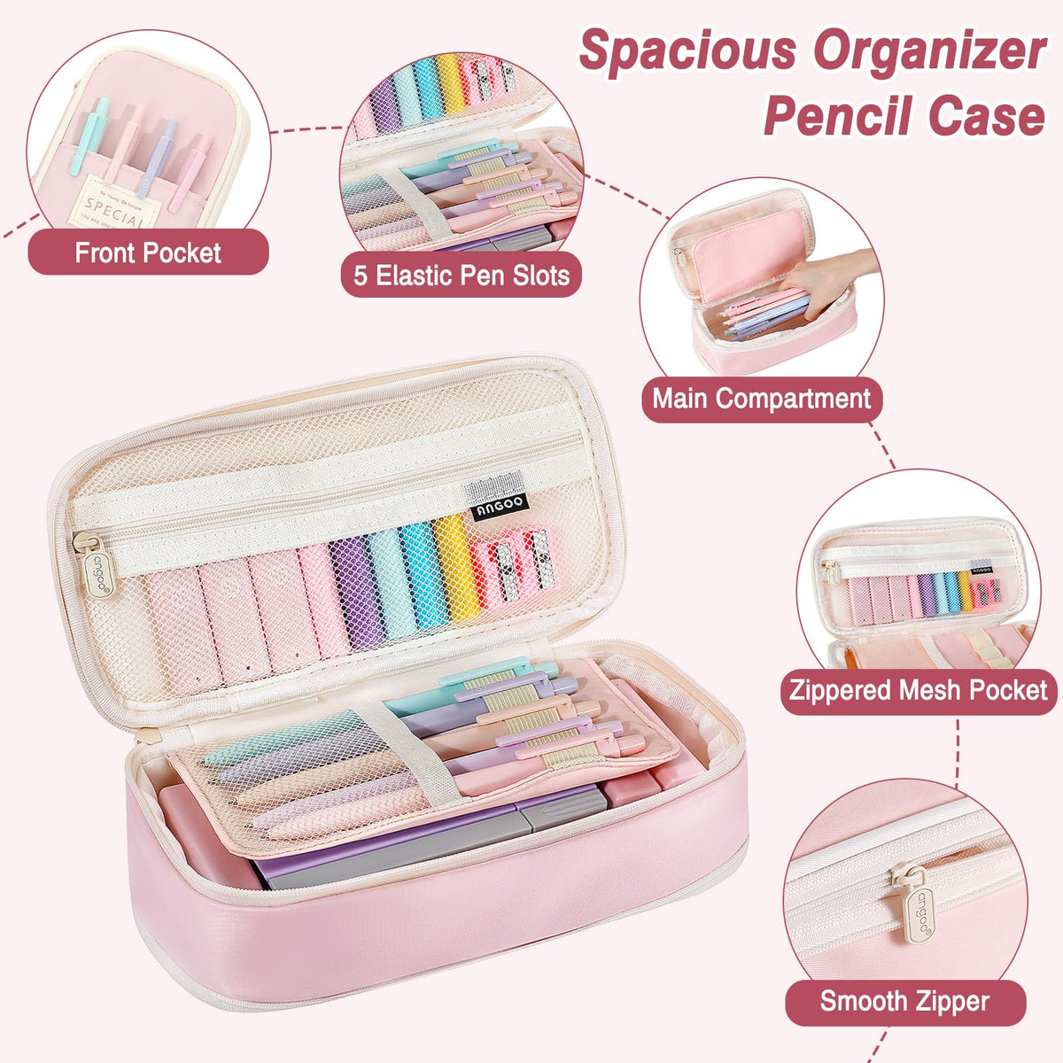 MoKo Pencil Case with Supplies, 59Pcs Aesthetic School Set, Pink