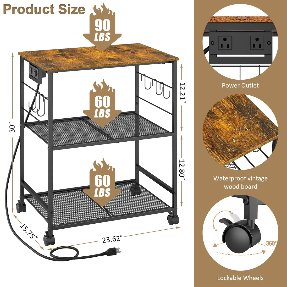 ThreeHio Rolling Kitchen Microwave Cart with Power Outlet, 3 Tier Microwave Table Stand with