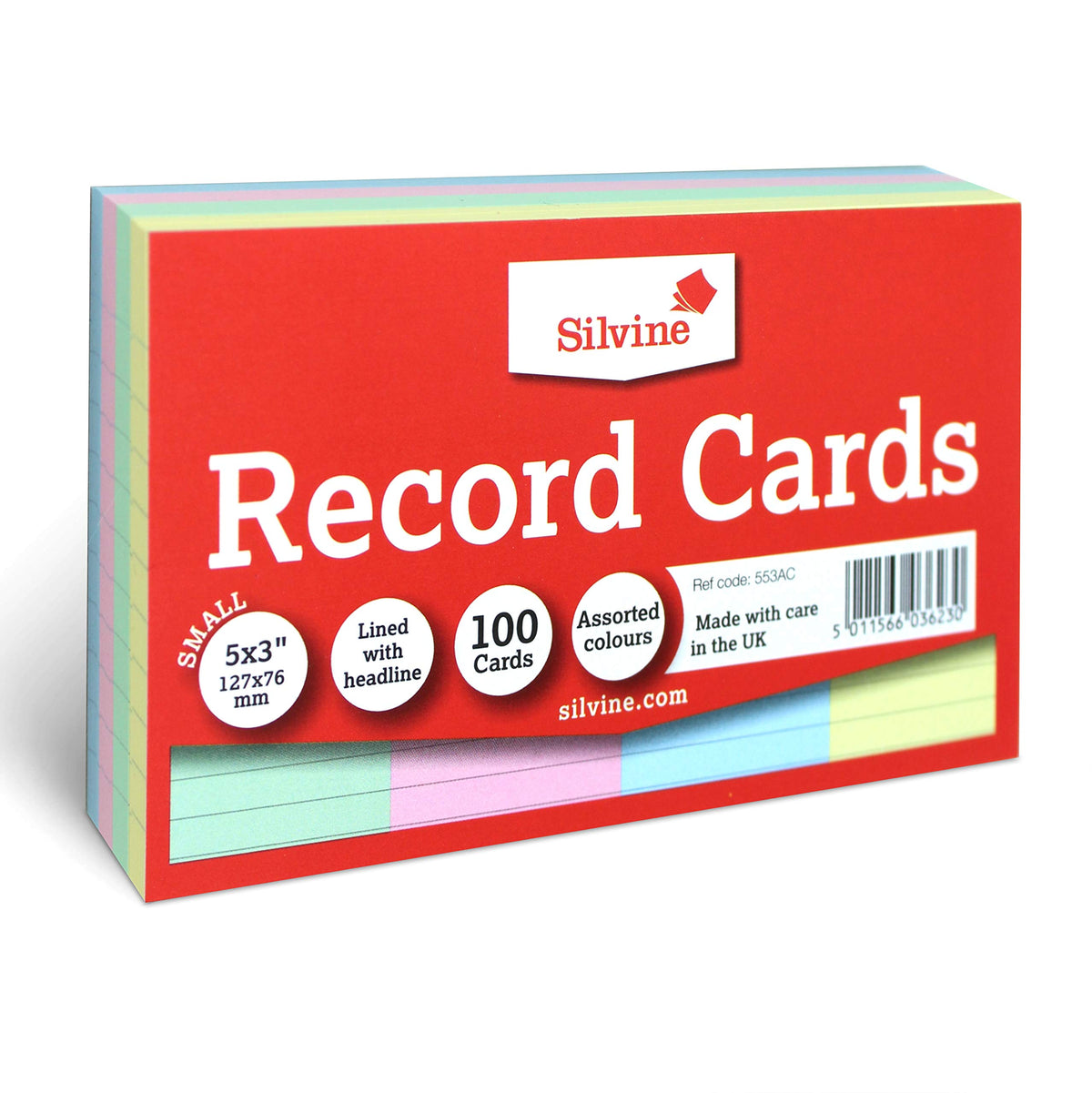Silvine 5x3" Multi-Coloured Record Cards - Lined with Headline, 100 Cards per Pack. Ref 553AC (127