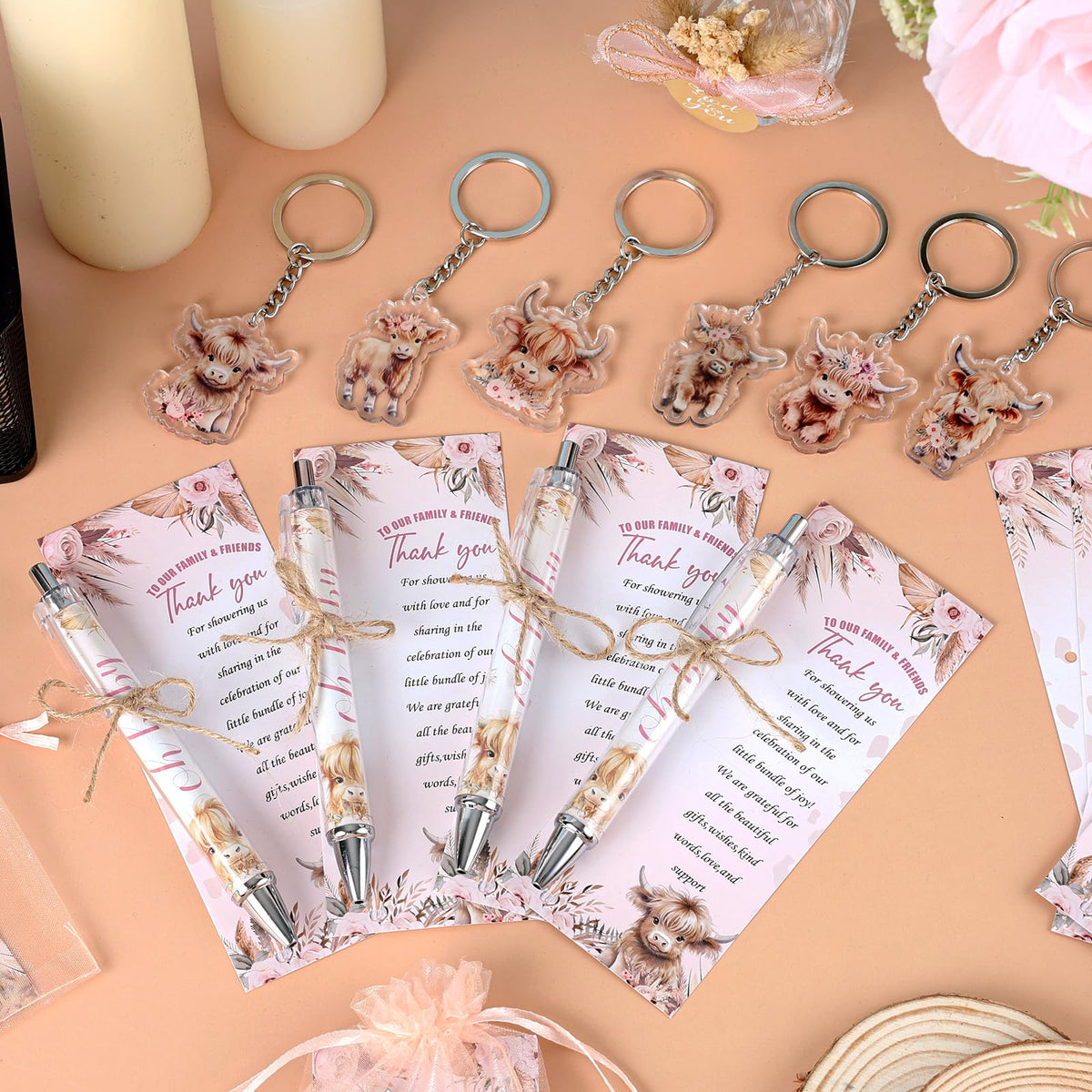 EYNDYN 289 Pieces Highland Cow Baby Shower Favors for Guest Party Ballpoint Pens and Keychains
