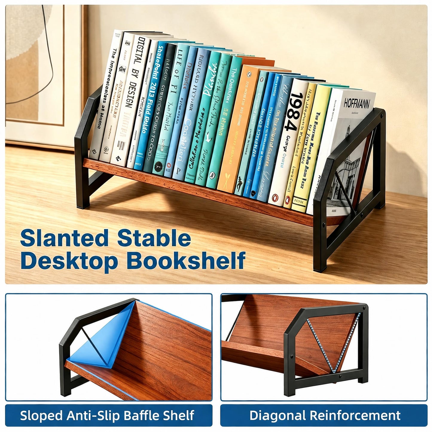 ART-GIFTREE Desktop Bookshelf Organizer, Tilting Bookcase, Reddish Brown
