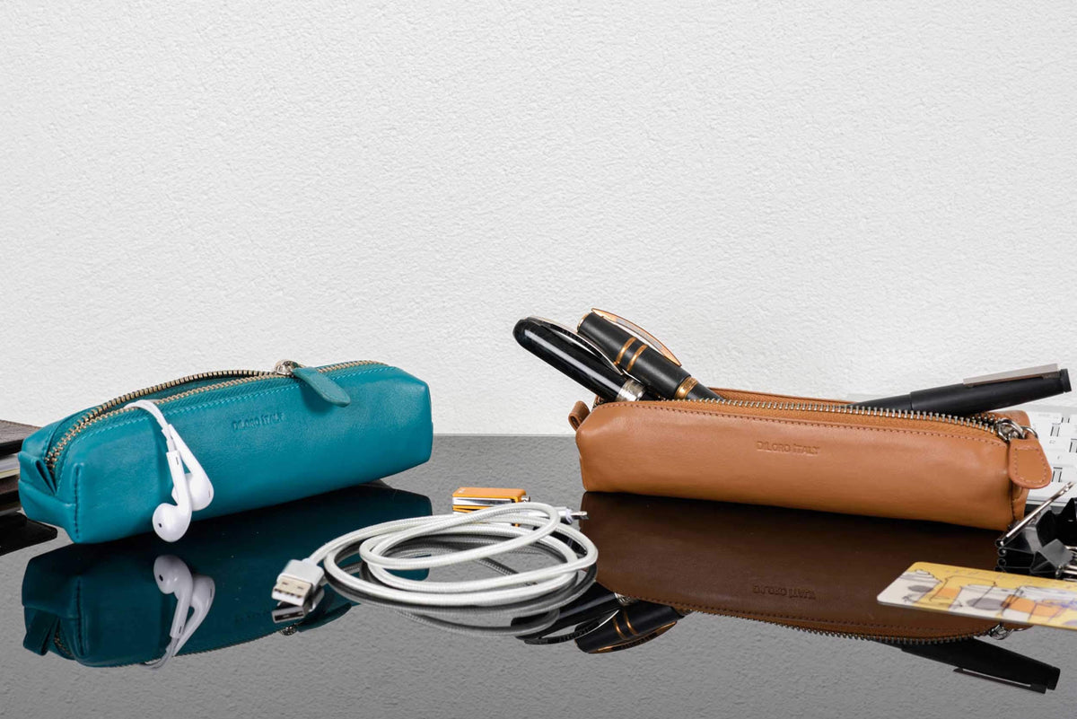 DiLoro Leather Zippered Fountain Ballpoint Rollerball Pens and Pencils Case Holder Pouch Genuine