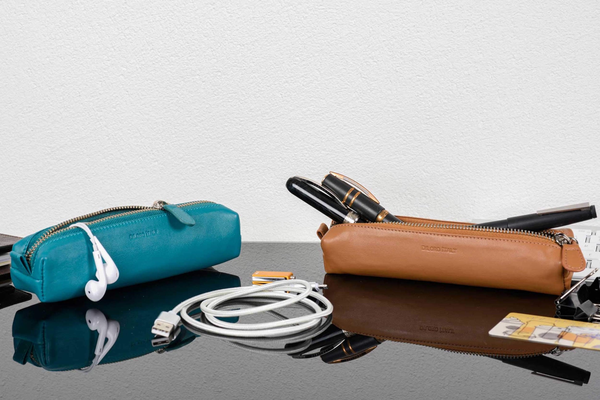 DiLoro Leather Zippered Fountain Ballpoint Rollerball Pens and Pencils Case Holder Pouch Genuine
