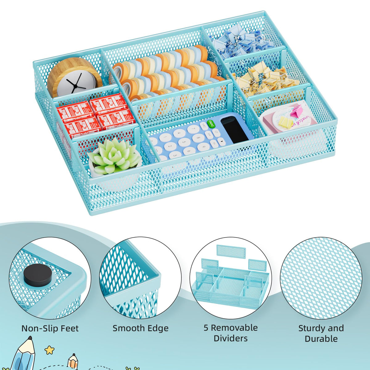Marbrasse 2 Pack Desk Drawer Organizer, Mesh Drawer Organizer Tray with 8 Adjustable Compartments