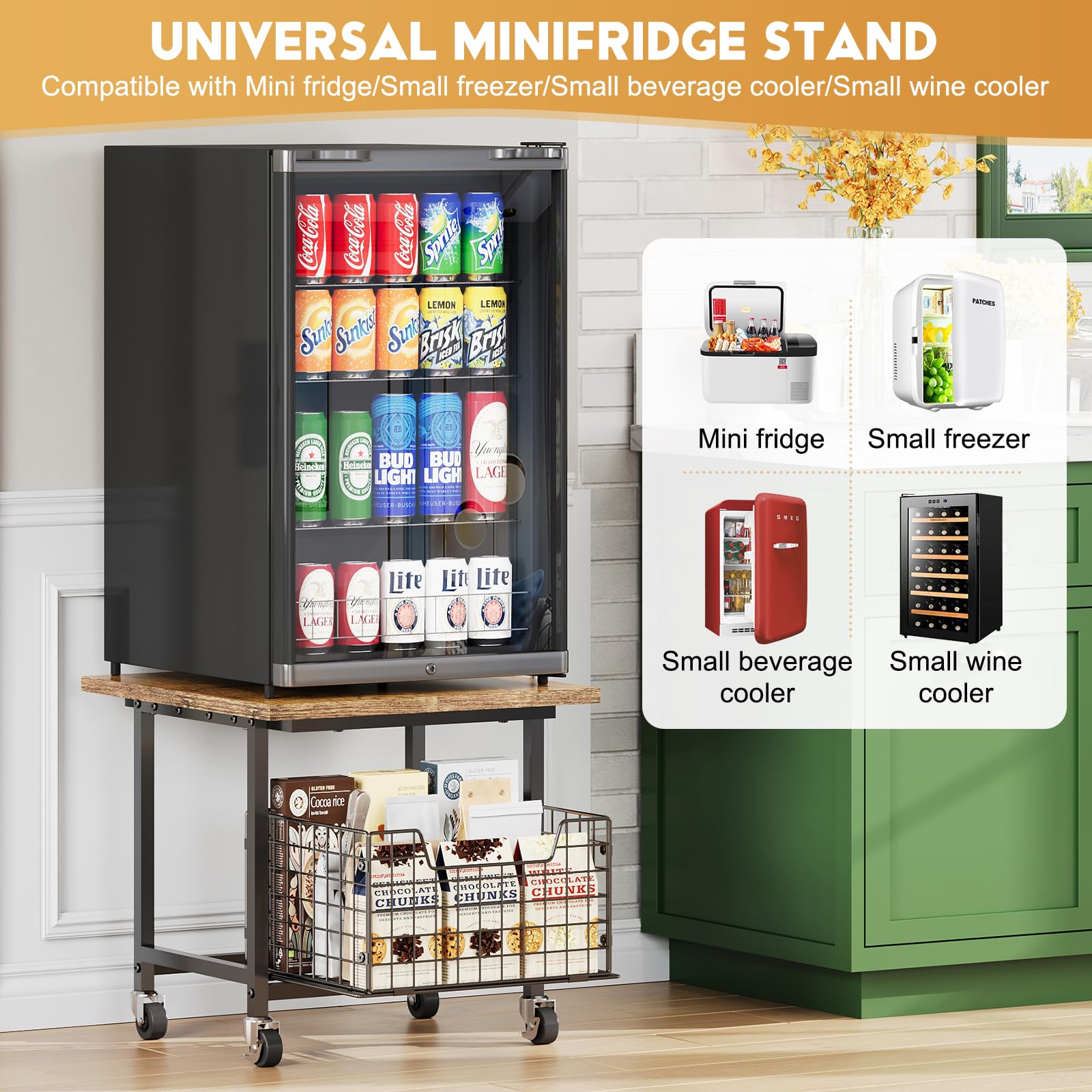 Mini Fridge Stand with Storage, Small Refrigerator Stand with Wheels, Rolling Mini Fridge Cart-Max